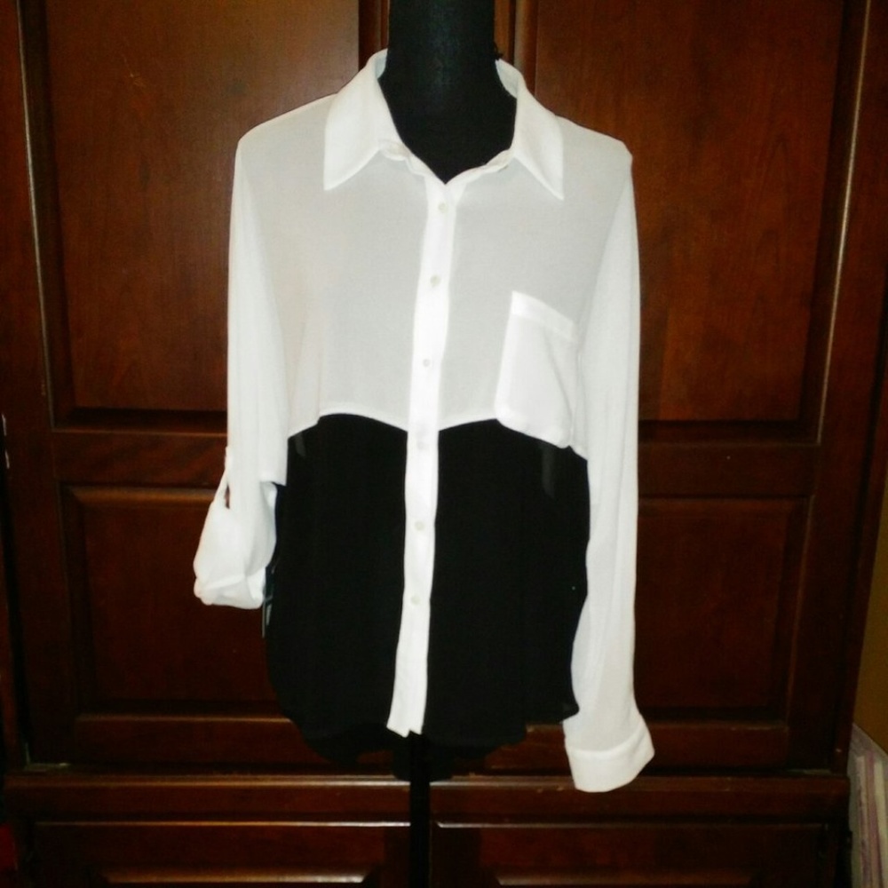 2 Tone Chiffon Buttondown ColorBlock Blouse B&W